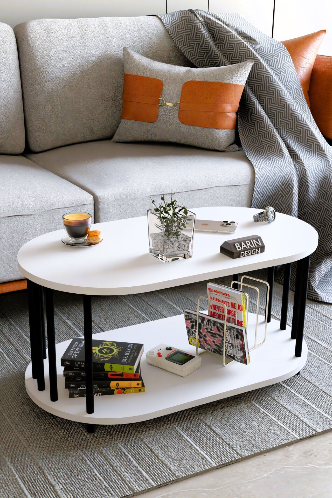 Modern Oval Orta Sehpa Çift Katlı Metal Ayaklı Salon, Ofis, Dekoratif Sehpa, Kahve sehpası Beyaz