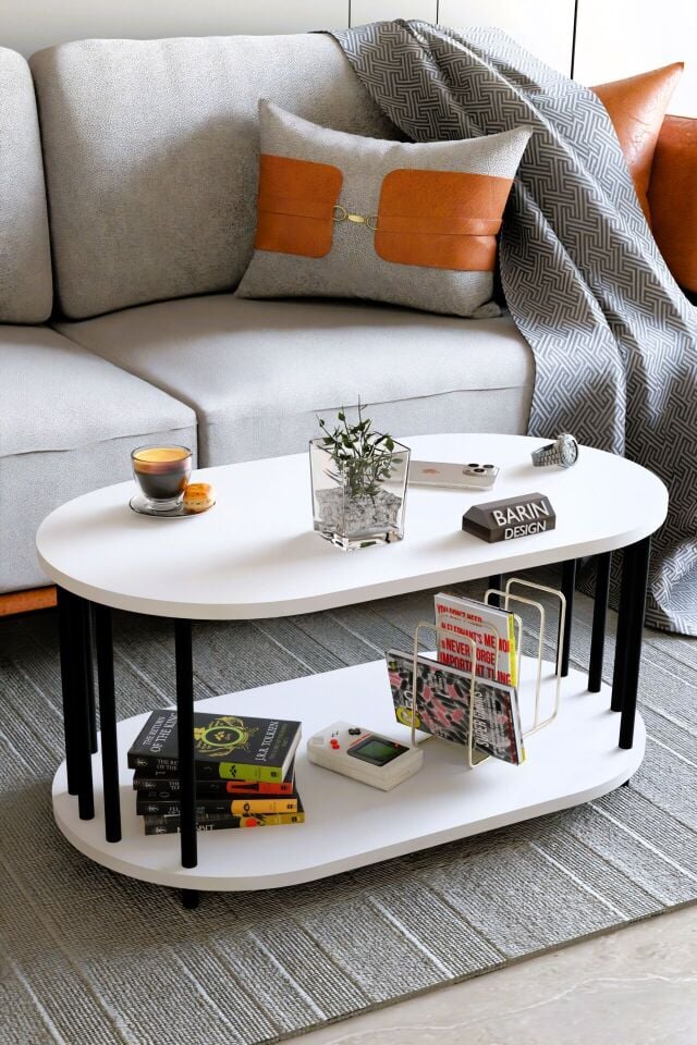 Modern Oval Orta Sehpa Çift Katlı Metal Ayaklı Salon, Ofis, Dekoratif Sehpa, Kahve sehpası Beyaz