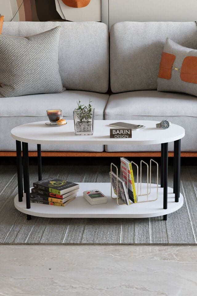 Modern Oval Orta Sehpa Çift Katlı Metal Ayaklı Salon, Ofis, Dekoratif Sehpa, Kahve sehpası Beyaz