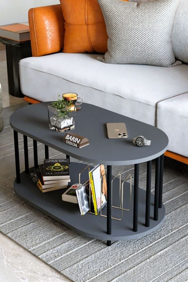 Modern Oval Orta Sehpa Çift Katlı Metal Ayaklı Salon, Ofis, Dekoratif Sehpa, Kahve sehpası Antrasit
