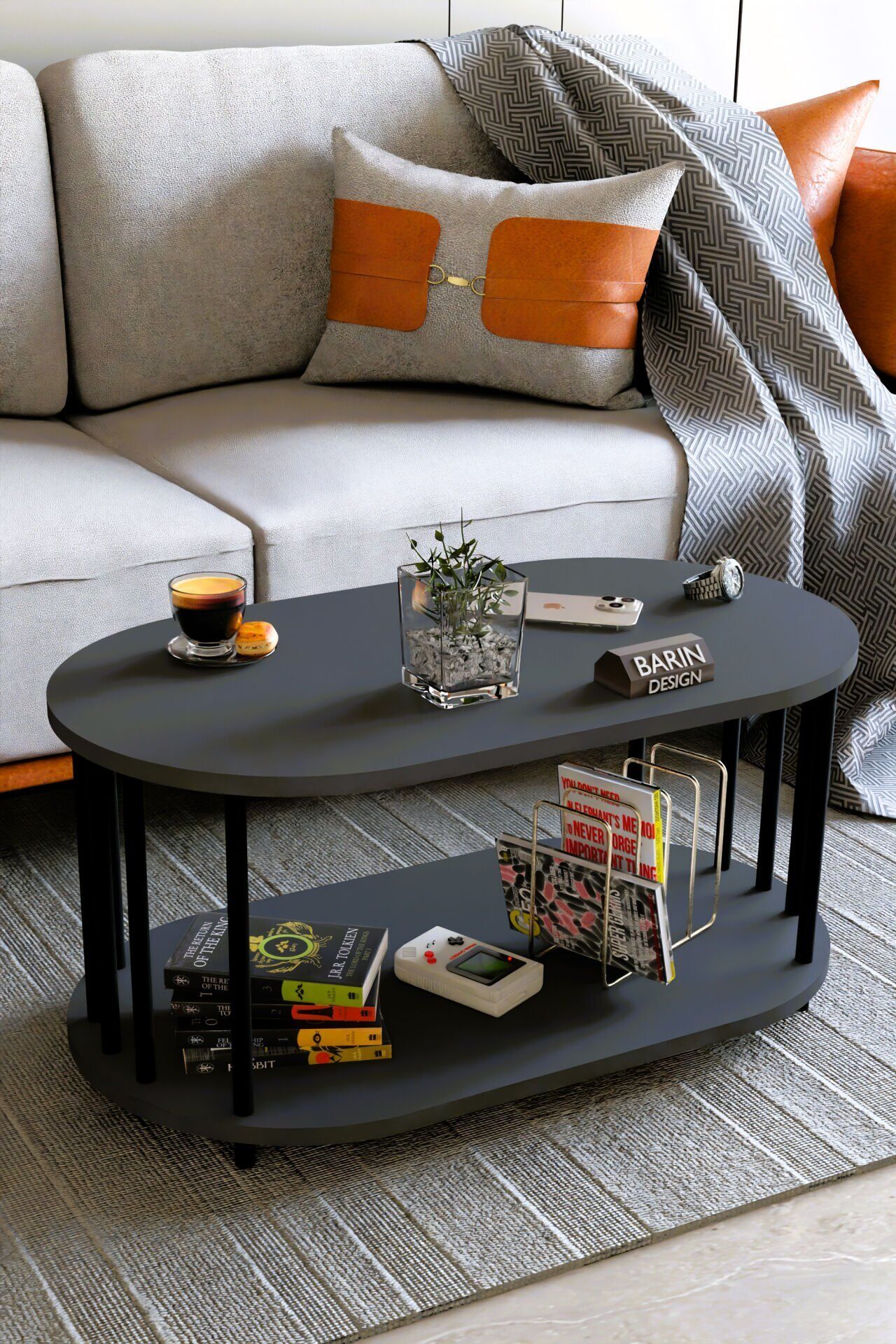 Modern Oval Orta Sehpa Çift Katlı Metal Ayaklı Salon, Ofis, Dekoratif Sehpa, Kahve sehpası Antrasit