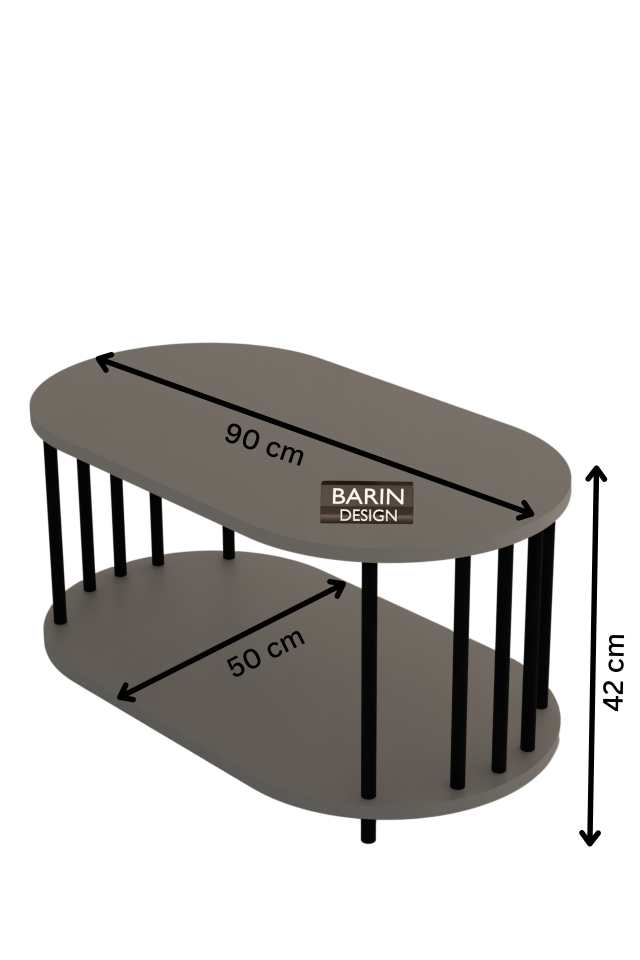 Modern Oval Orta Sehpa Çift Katlı Metal Ayaklı Salon, Ofis, Dekoratif Sehpa, Kahve sehpası Antrasit