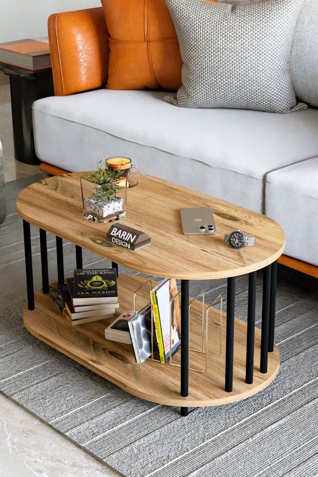 Modern Oval Orta Sehpa Çift Katlı Metal Ayaklı Salon, Ofis, Dekoratif Sehpa, Kahve sehpası Atlantik Çam
