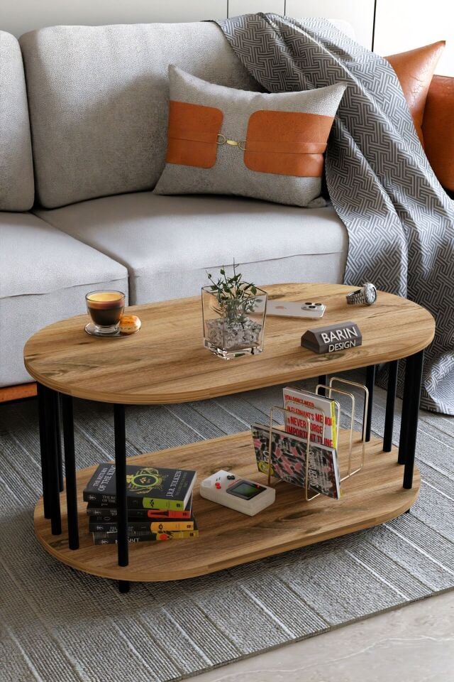 Modern Oval Orta Sehpa Çift Katlı Metal Ayaklı Salon, Ofis, Dekoratif Sehpa, Kahve sehpası Atlantik Çam