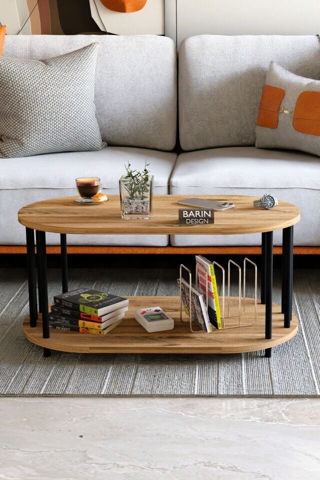 Modern Oval Orta Sehpa Çift Katlı Metal Ayaklı Salon, Ofis, Dekoratif Sehpa, Kahve sehpası Atlantik Çam