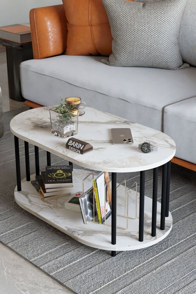 Modern Oval Orta Sehpa Çift Katlı Metal Ayaklı Salon, Ofis, Dekoratif Sehpa, Kahve sehpası Beyaz Mermer