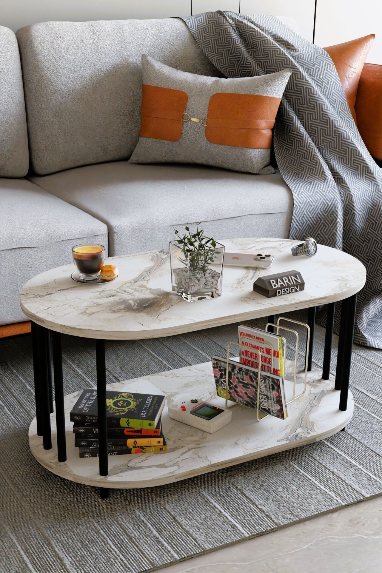 Barın Design Modern Oval Orta Sehpa Çift Katlı Metal Ayaklı Salon, Ofis, Dekoratif Sehpa, Kahve sehpası Beyaz Mermer