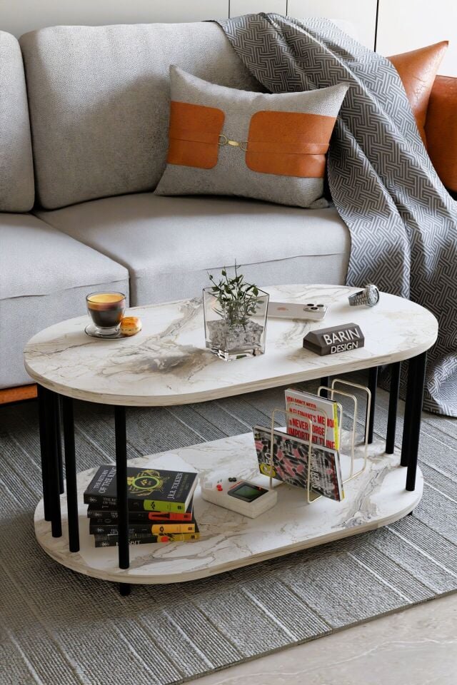 Modern Oval Orta Sehpa Çift Katlı Metal Ayaklı Salon, Ofis, Dekoratif Sehpa, Kahve sehpası Beyaz Mermer