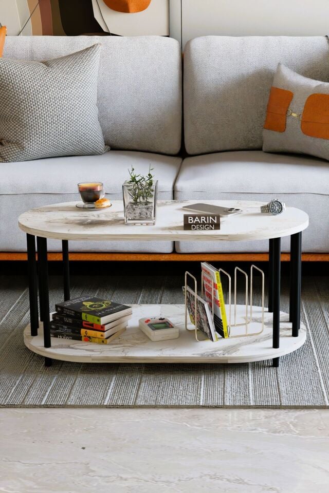 Modern Oval Orta Sehpa Çift Katlı Metal Ayaklı Salon, Ofis, Dekoratif Sehpa, Kahve sehpası Beyaz Mermer