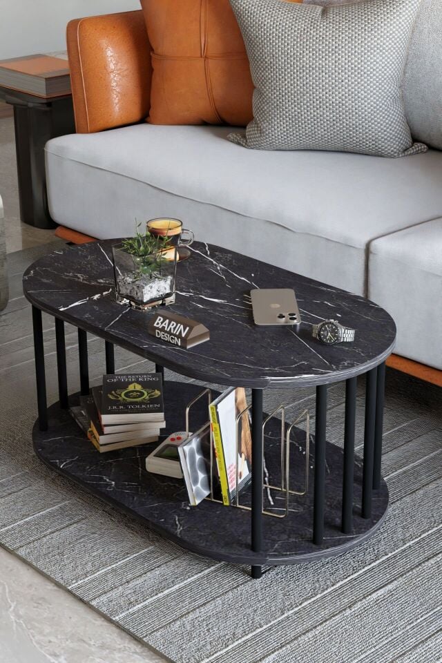 Modern Oval Orta Sehpa Çift Katlı Metal Ayaklı Salon, Ofis, Dekoratif Sehpa, Kahve sehpası Siyah Mermer