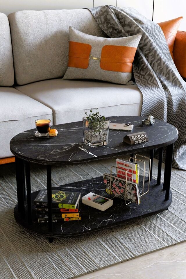 Modern Oval Orta Sehpa Çift Katlı Metal Ayaklı Salon, Ofis, Dekoratif Sehpa, Kahve sehpası Siyah Mermer