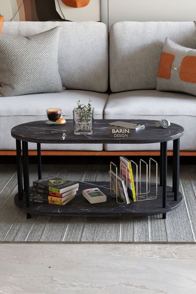 Modern Oval Orta Sehpa Çift Katlı Metal Ayaklı Salon, Ofis, Dekoratif Sehpa, Kahve sehpası Siyah Mermer