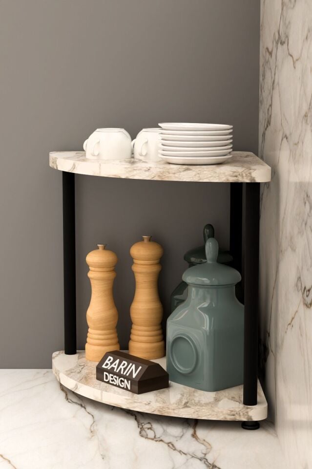 Çift Katlı Çevir Tak Kahve Köşesi Raf Çok Amaçlı Mutfak Standı Mutfak Rafı Tezgah Üstü Düzenleyici Beyaz Mermer