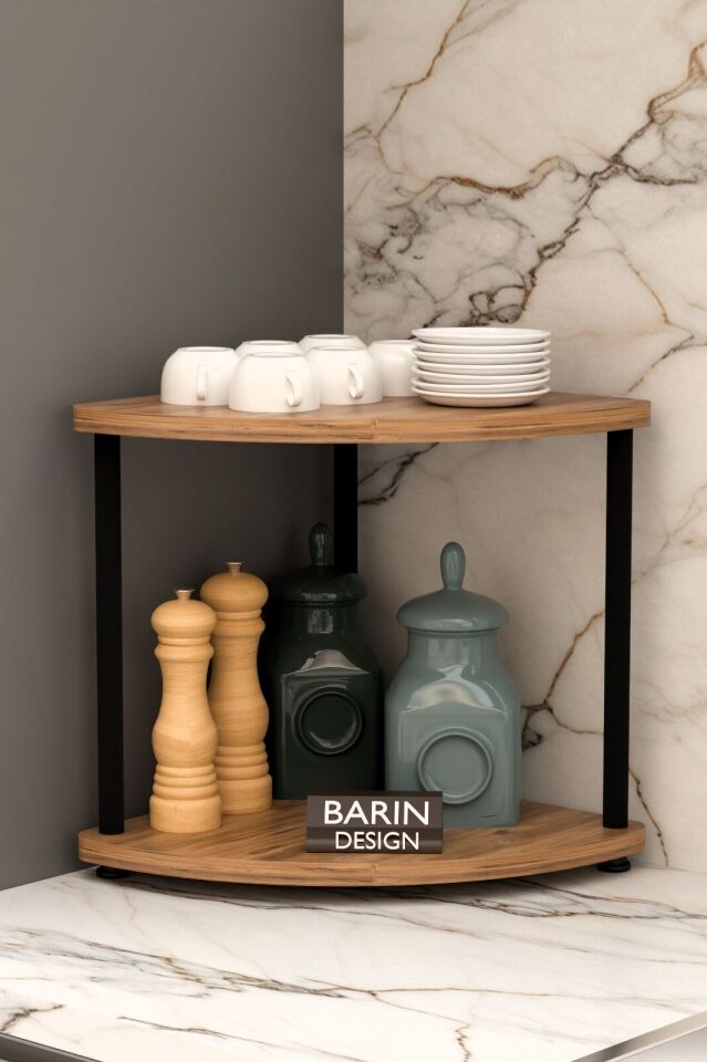 Çift Katlı Çevir Tak Kahve Köşesi Raf Çok Amaçlı Mutfak Standı Mutfak Rafı Tezgah Üstü Düzenleyici Siyah Mermer