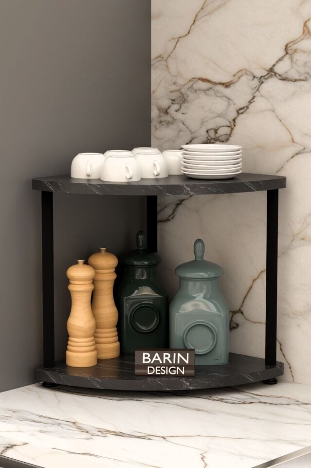 Çift Katlı Çevir Tak Kahve Köşesi Raf Çok Amaçlı Mutfak Standı Mutfak Rafı Tezgah Üstü Düzenleyici Siyah Mermer