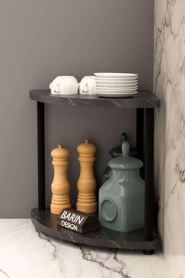 Çift Katlı Çevir Tak Kahve Köşesi Raf Çok Amaçlı Mutfak Standı Mutfak Rafı Tezgah Üstü Düzenleyici Siyah Mermer