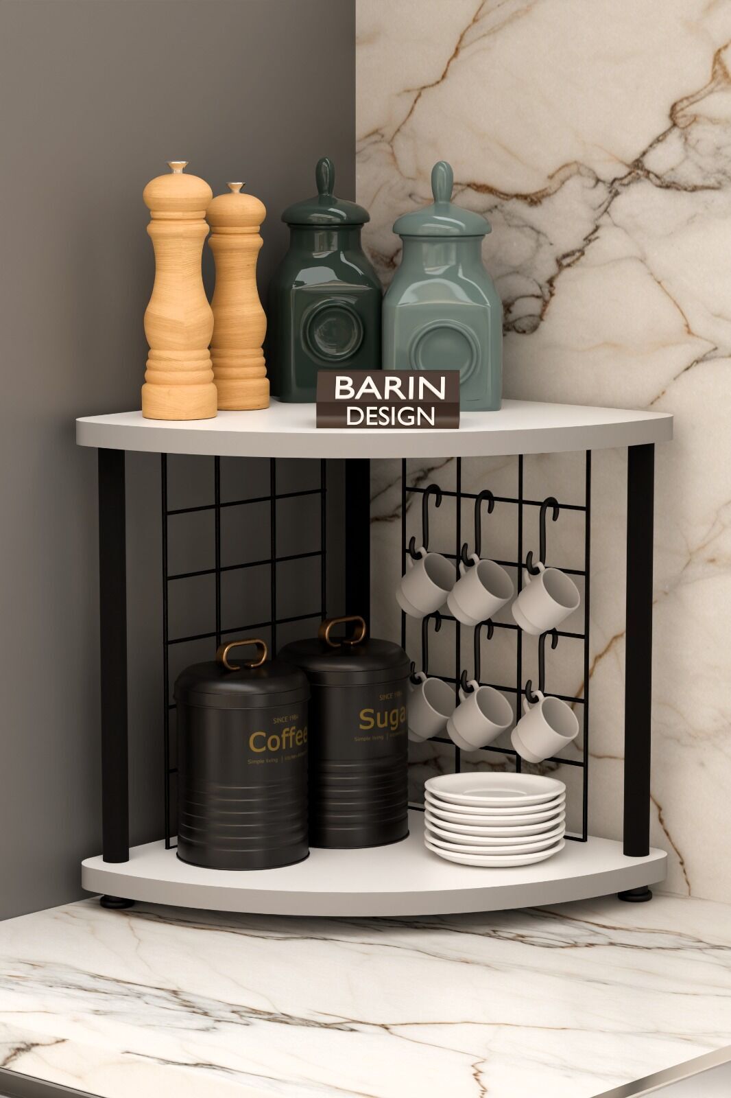 Barın Design Metal Telli Kahve Köşesi Çevirtak Çok Amaçlı Mutfak Standı Tezgah Üstü Düzenleyici Çift Katlı Askılı Beyaz