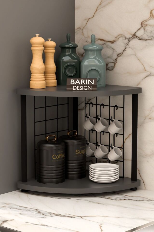 Metal Telli Kahve Köşesi Çevirtak Çok Amaçlı Mutfak Standı Tezgah Üstü Düzenleyici Çift Katlı Askılı Antrasit