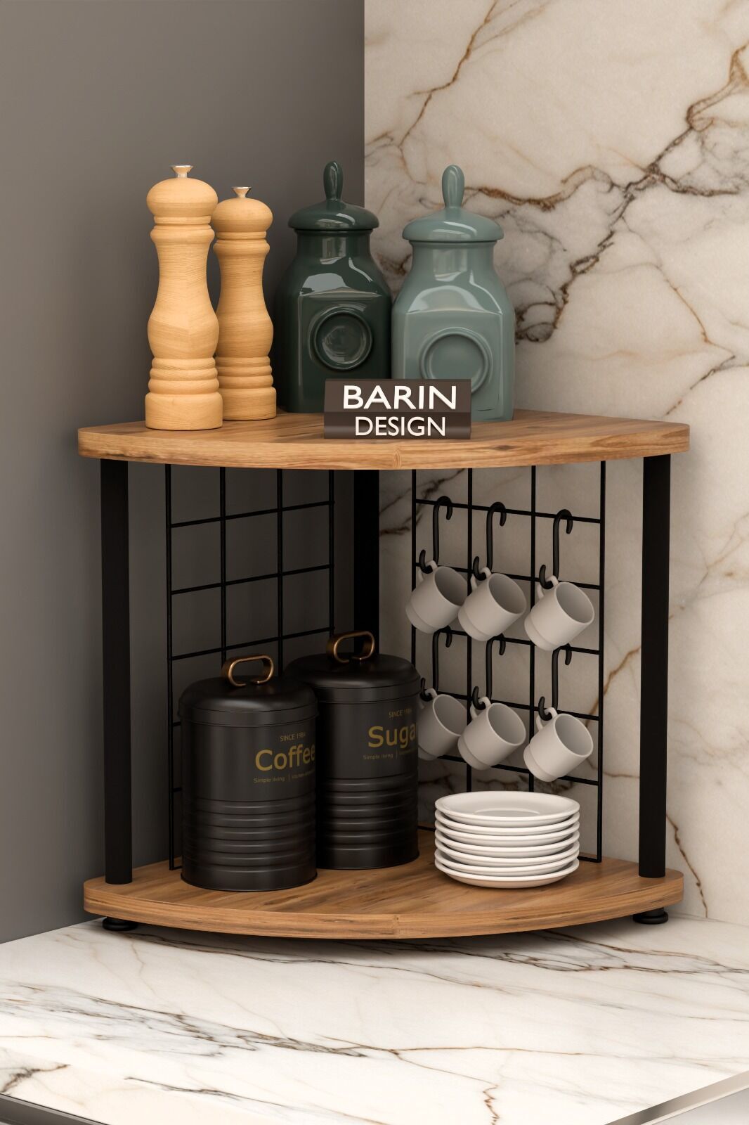 Metal Telli Kahve Köşesi Çevirtak Çok Amaçlı Mutfak Standı Tezgah Üstü Düzenleyici Çift Katlı Askılı Atlantik Çam