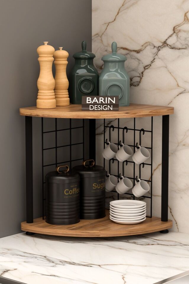 Metal Telli Kahve Köşesi Çevirtak Çok Amaçlı Mutfak Standı Tezgah Üstü Düzenleyici Çift Katlı Askılı Atlantik Çam