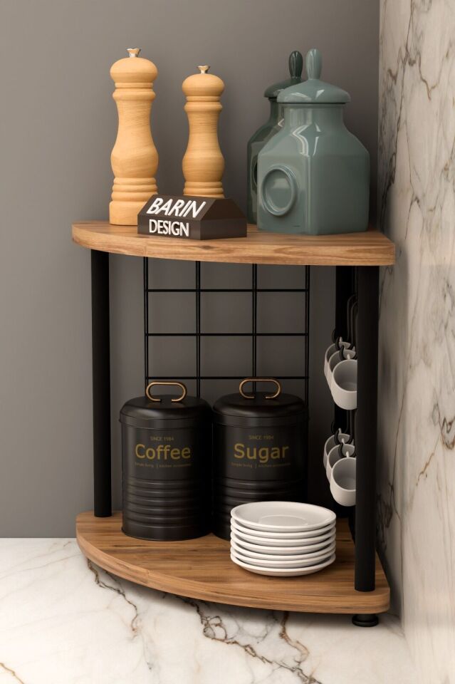 Metal Telli Kahve Köşesi Çevirtak Çok Amaçlı Mutfak Standı Tezgah Üstü Düzenleyici Çift Katlı Askılı Atlantik Çam