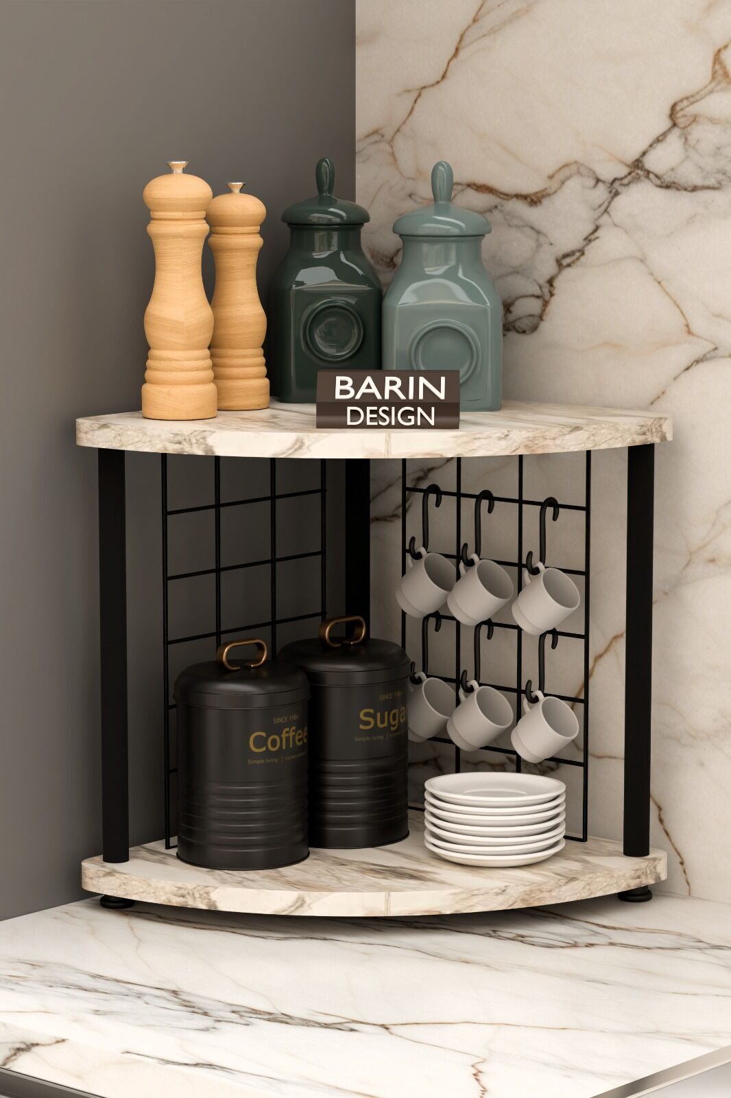 Barın Design Metal Telli Kahve Köşesi Çevirtak Çok Amaçlı Mutfak Standı Tezgah Üstü Düzenleyici Çift Katlı Askılı Beyaz Mermer