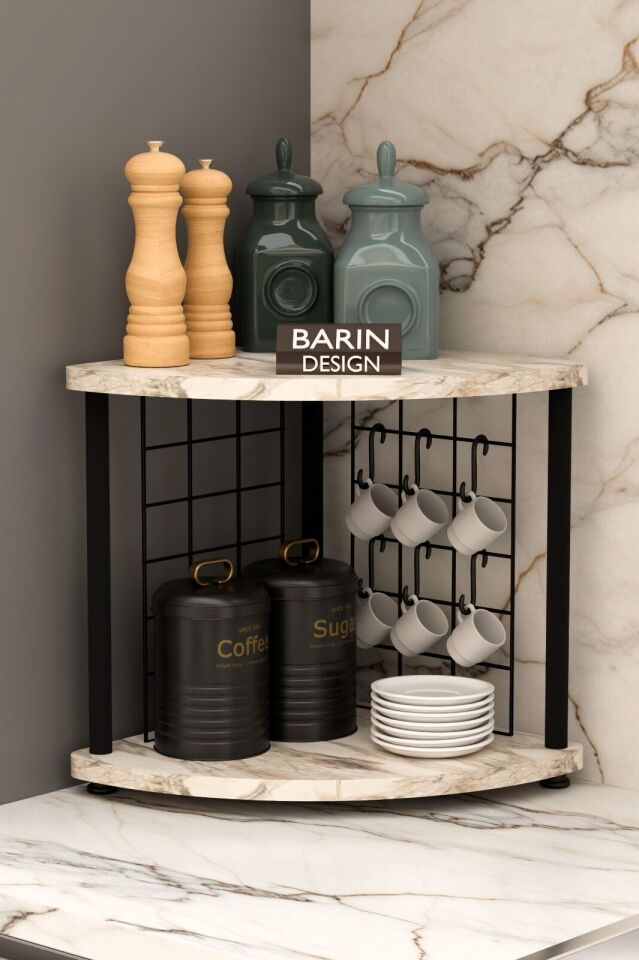 Barın Design Metal Telli Kahve Köşesi Çevirtak Çok Amaçlı Mutfak Standı Tezgah Üstü Düzenleyici Çift Katlı Askılı Beyaz Mermer