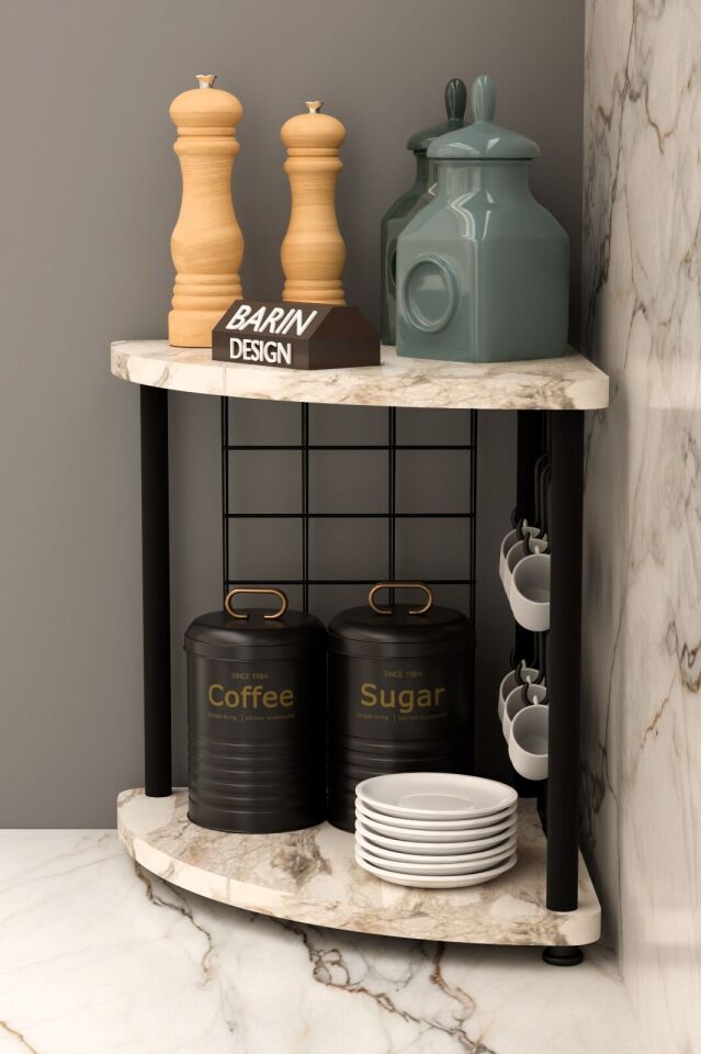 Metal Telli Kahve Köşesi Çevirtak Çok Amaçlı Mutfak Standı Tezgah Üstü Düzenleyici Çift Katlı Askılı Beyaz Mermer