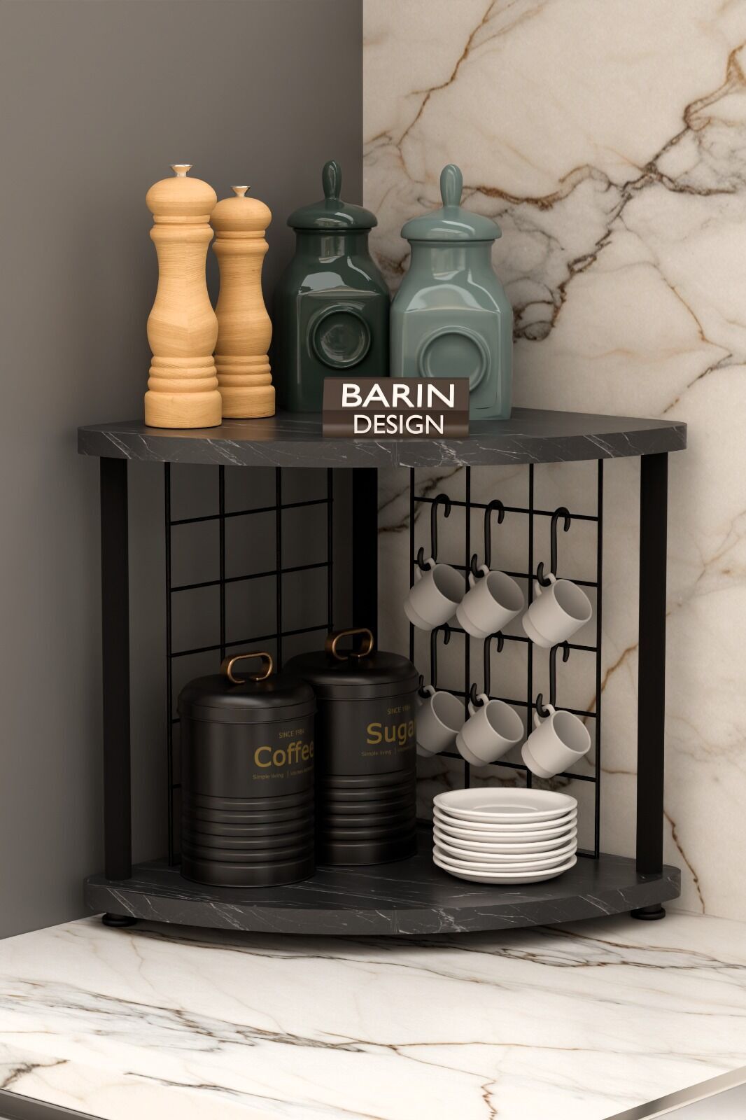 Metal Telli Kahve Köşesi Çevirtak Çok Amaçlı Mutfak Standı Tezgah Üstü Düzenleyici Çift Katlı Askılı Siyah Mermer