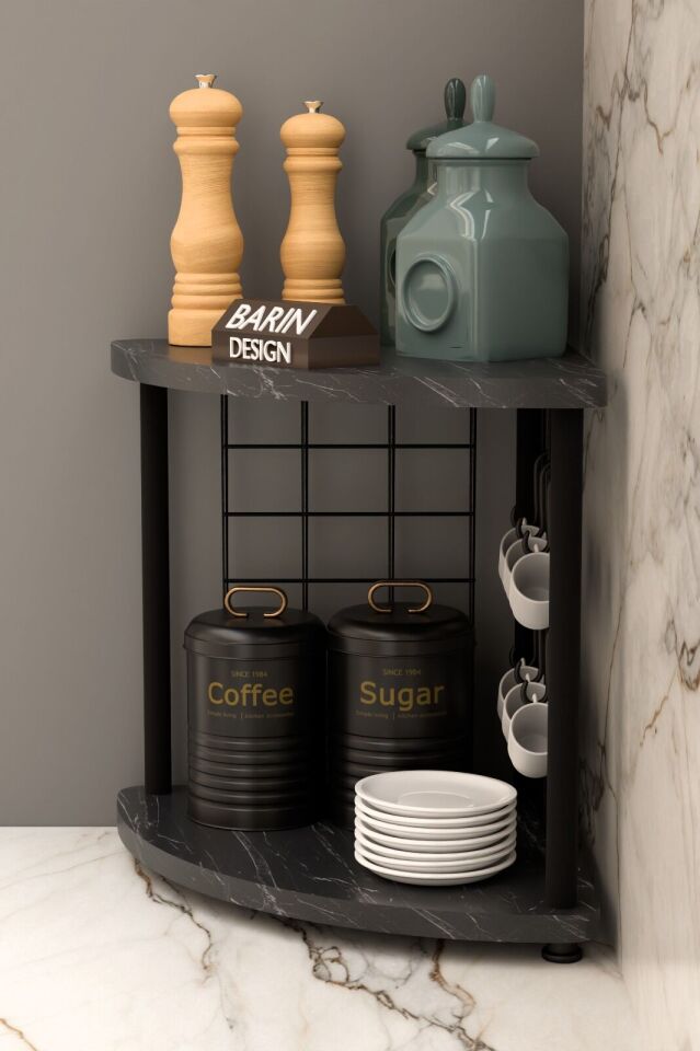 Metal Telli Kahve Köşesi Çevirtak Çok Amaçlı Mutfak Standı Tezgah Üstü Düzenleyici Çift Katlı Askılı Siyah Mermer