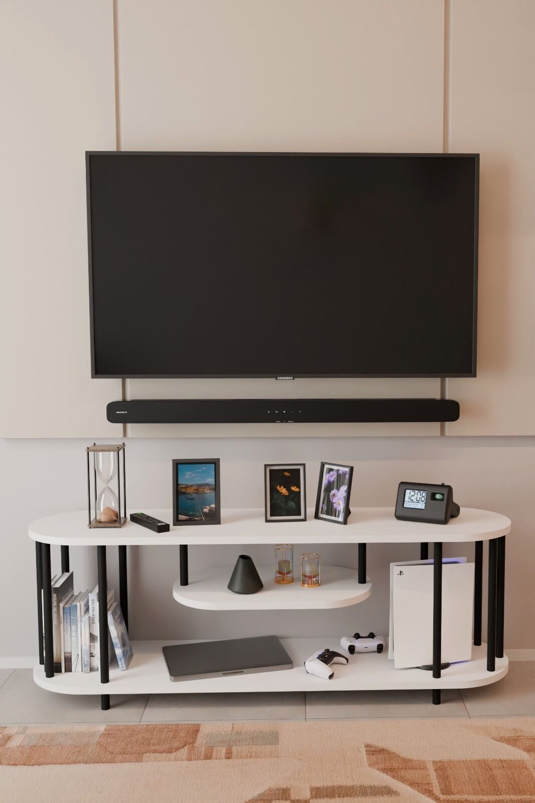 Barın Design Modern TV Ünitesi Ahşap Raflı 2 Katlı Televizyon Sehpası Minimalist,Dayanıklı, Fonksiyonel TV Standı Beyaz