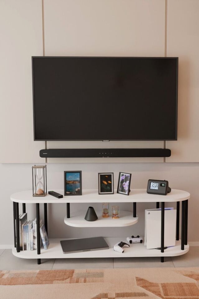 Barın Design Modern TV Ünitesi Ahşap Raflı 2 Katlı Televizyon Sehpası Minimalist,Dayanıklı, Fonksiyonel TV Standı Beyaz