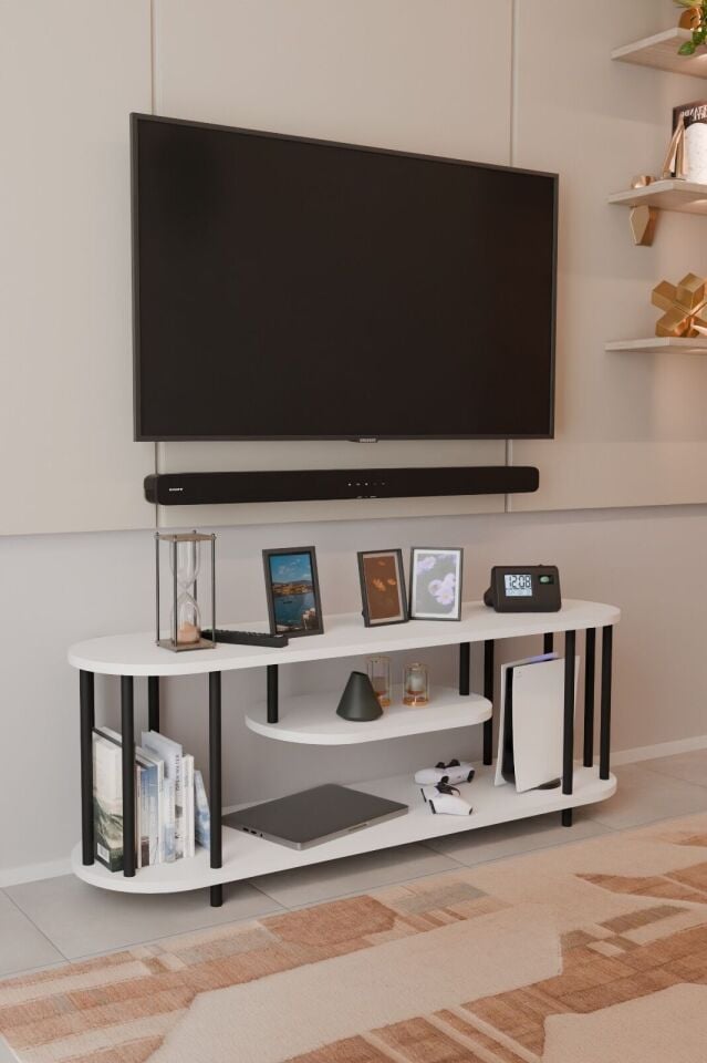 Modern TV Ünitesi Ahşap Raflı 2 Katlı Televizyon Sehpası Minimalist,Dayanıklı, Fonksiyonel TV Standı Beyaz
