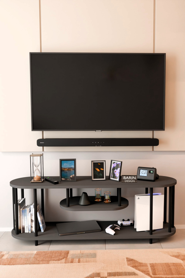 Barın Design Modern TV Ünitesi Ahşap Raflı 2 Katlı Televizyon Sehpası Minimalist,Dayanıklı, Fonksiyonel TV Standı Antrasit