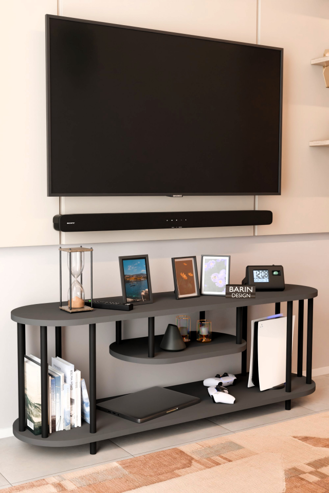 Modern TV Ünitesi Ahşap Raflı 2 Katlı Televizyon Sehpası Minimalist,Dayanıklı, Fonksiyonel TV Standı Antrasit