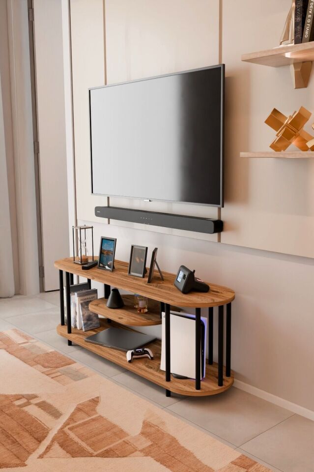 Modern TV Ünitesi Ahşap Raflı 2 Katlı Televizyon Sehpası Minimalist,Dayanıklı, Fonksiyonel TV Standı Atlantik Çam