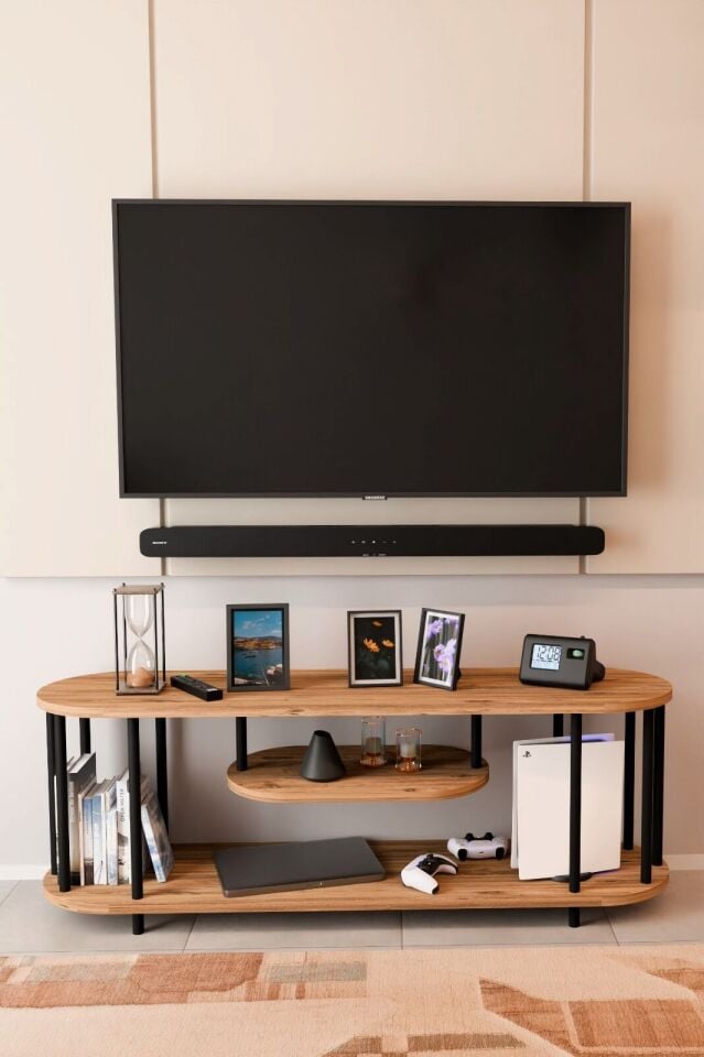 Modern TV Ünitesi Ahşap Raflı 2 Katlı Televizyon Sehpası Minimalist,Dayanıklı, Fonksiyonel TV Standı Atlantik Çam