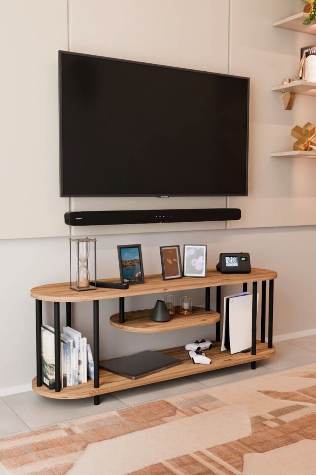 Modern TV Ünitesi Ahşap Raflı 2 Katlı Televizyon Sehpası Minimalist,Dayanıklı, Fonksiyonel TV Standı Atlantik Çam