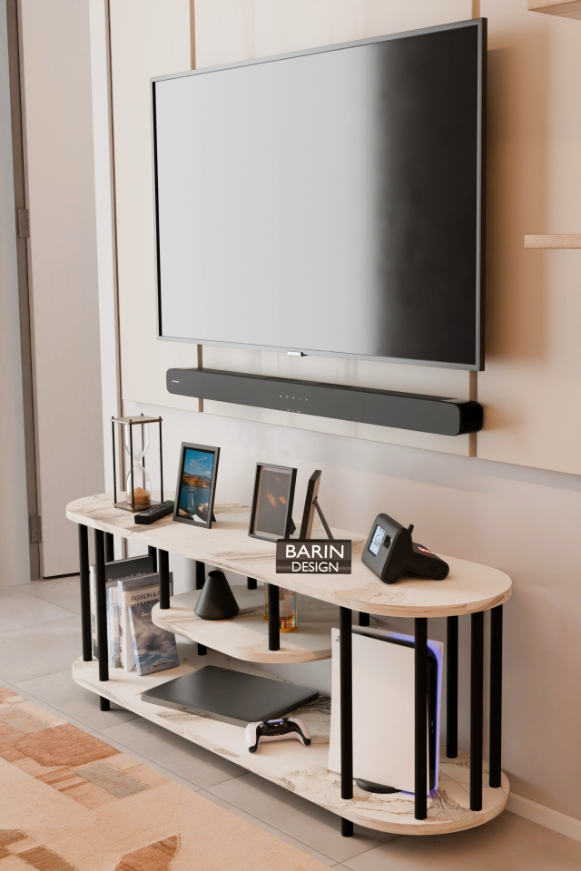 Modern TV Ünitesi Ahşap Raflı 2 Katlı Televizyon Sehpası Minimalist,Dayanıklı, Fonksiyonel TV Standı Beyaz Mermer