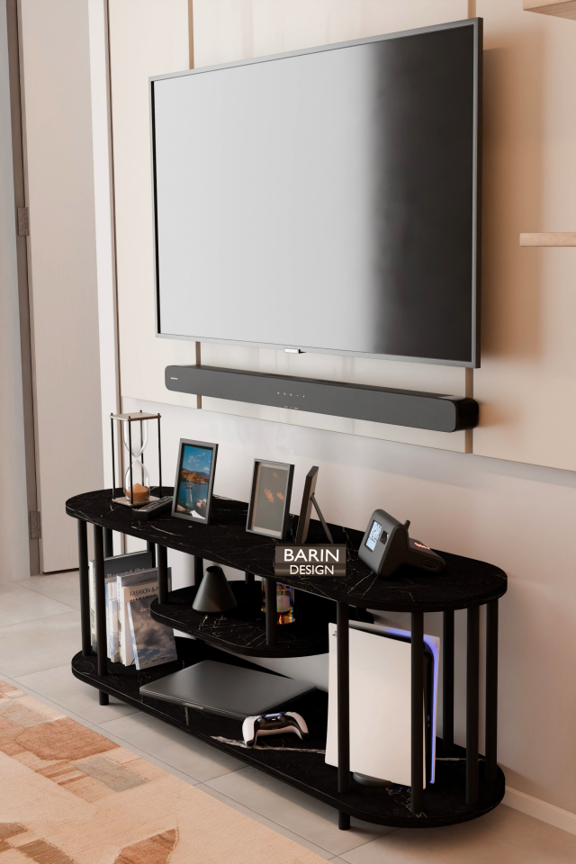 Modern TV Ünitesi Ahşap Raflı 2 Katlı Televizyon Sehpası Minimalist,Dayanıklı, Fonksiyonel TV Standı Siyah Mermer