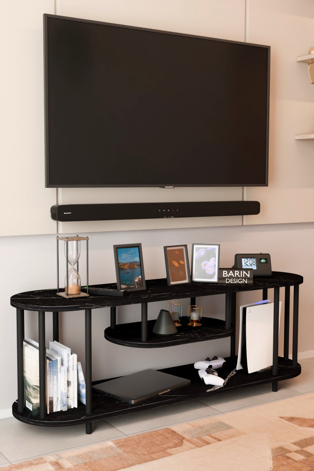 Modern TV Ünitesi Ahşap Raflı 2 Katlı Televizyon Sehpası Minimalist,Dayanıklı, Fonksiyonel TV Standı Siyah Mermer