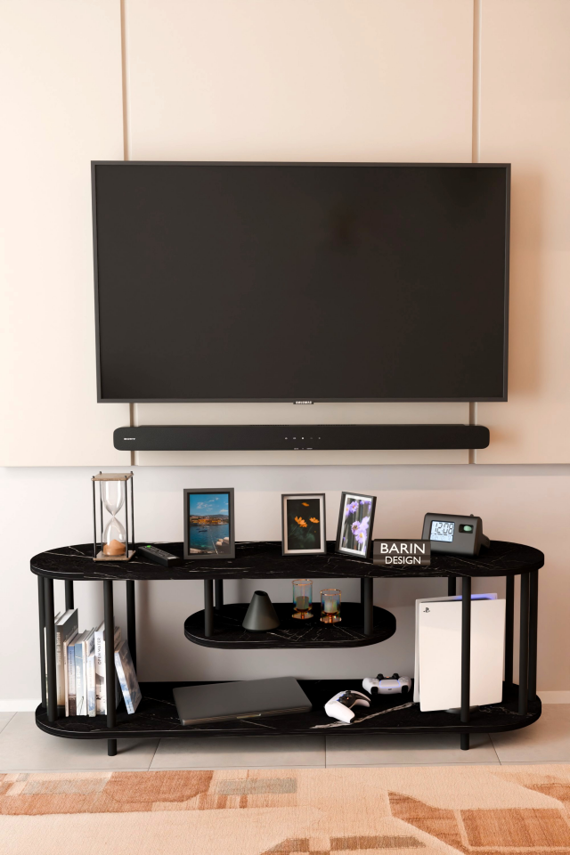 Modern TV Ünitesi Ahşap Raflı 2 Katlı Televizyon Sehpası Minimalist,Dayanıklı, Fonksiyonel TV Standı Siyah Mermer