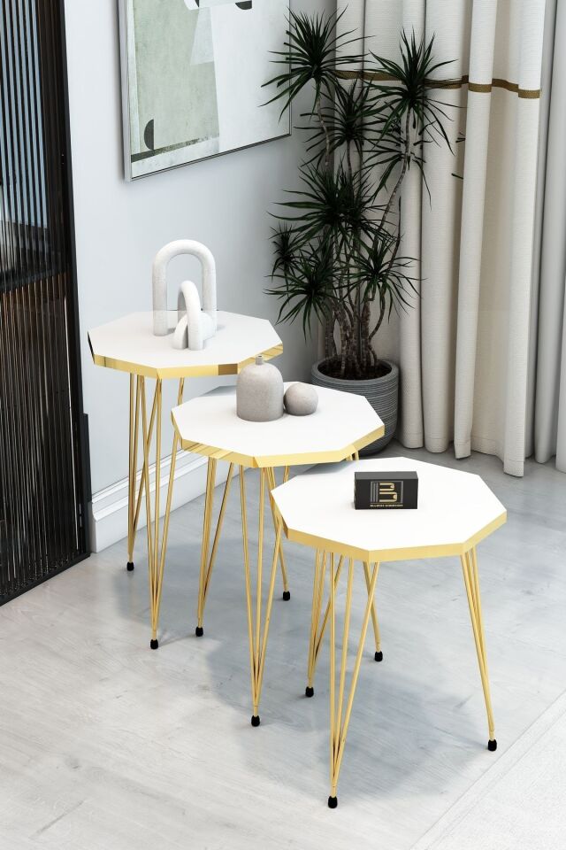 3'Lü Sekizgen Zigon Sehpa ve Dikdörtgen Orta Sehpa Takımı Modern Gold Metal Ayaklı Salon Sehpa Seti Beyaz