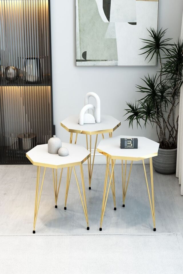 3'Lü Sekizgen Zigon Sehpa ve Dikdörtgen Orta Sehpa Takımı Modern Gold Metal Ayaklı Salon Sehpa Seti Beyaz
