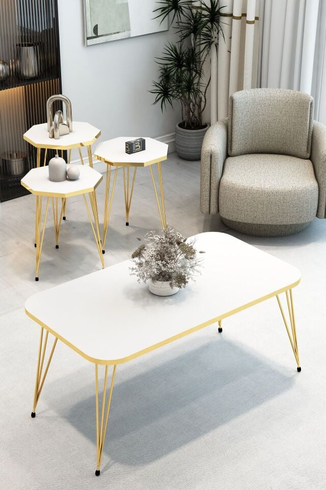 3'Lü Sekizgen Zigon Sehpa ve Dikdörtgen Orta Sehpa Takımı Modern Gold Metal Ayaklı Salon Sehpa Seti Beyaz