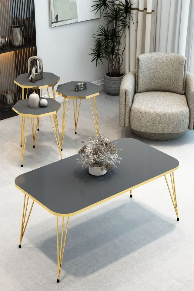 3'Lü Sekizgen Zigon Sehpa ve Dikdörtgen Orta Sehpa Takımı Modern Gold Metal Ayaklı Salon Sehpa Seti Antrasit