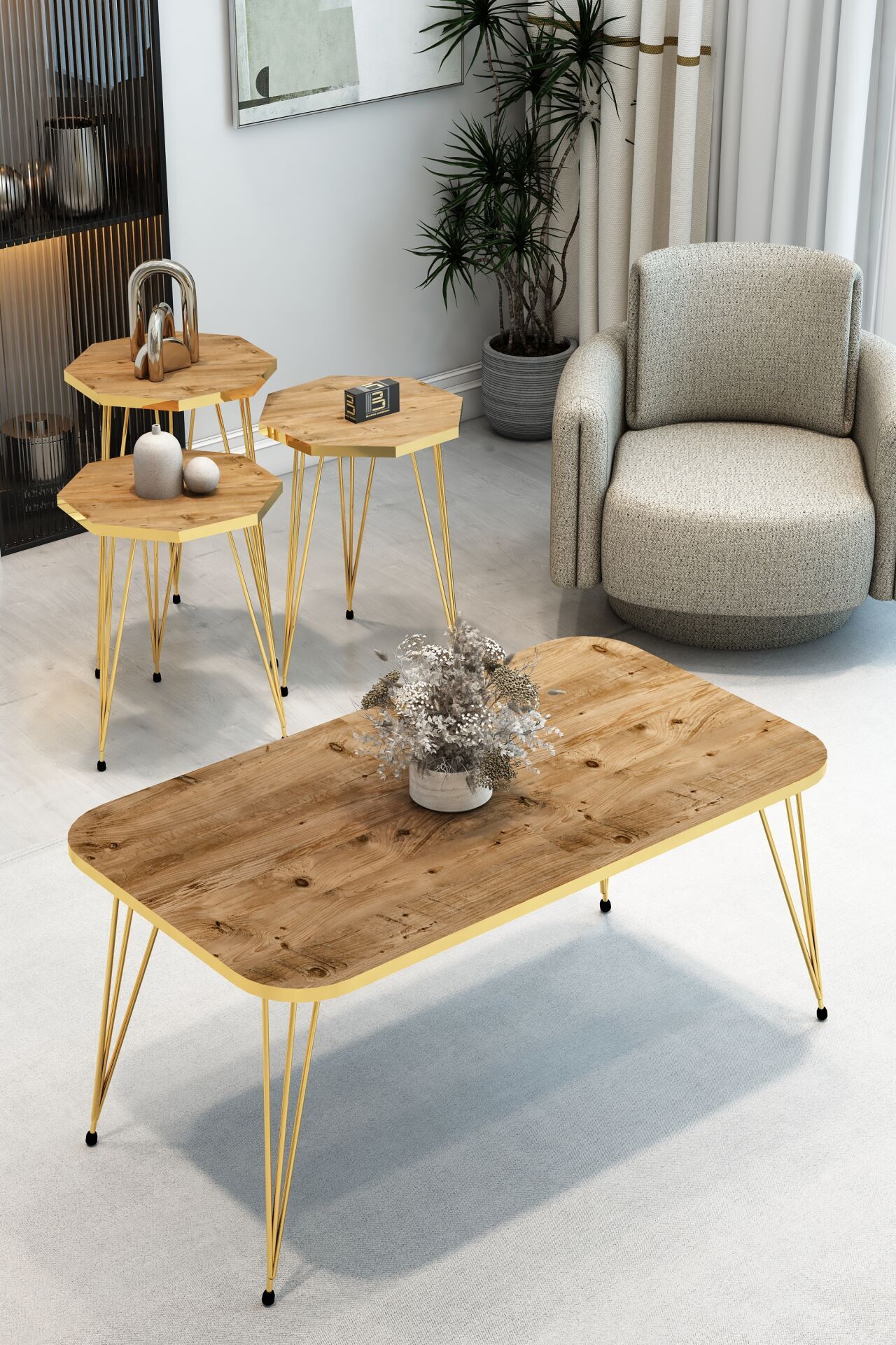 3'Lü Sekizgen Zigon Sehpa ve Dikdörtgen Orta Sehpa Takımı Modern Gold Metal Ayaklı Salon Sehpa Seti Atlantik Çam