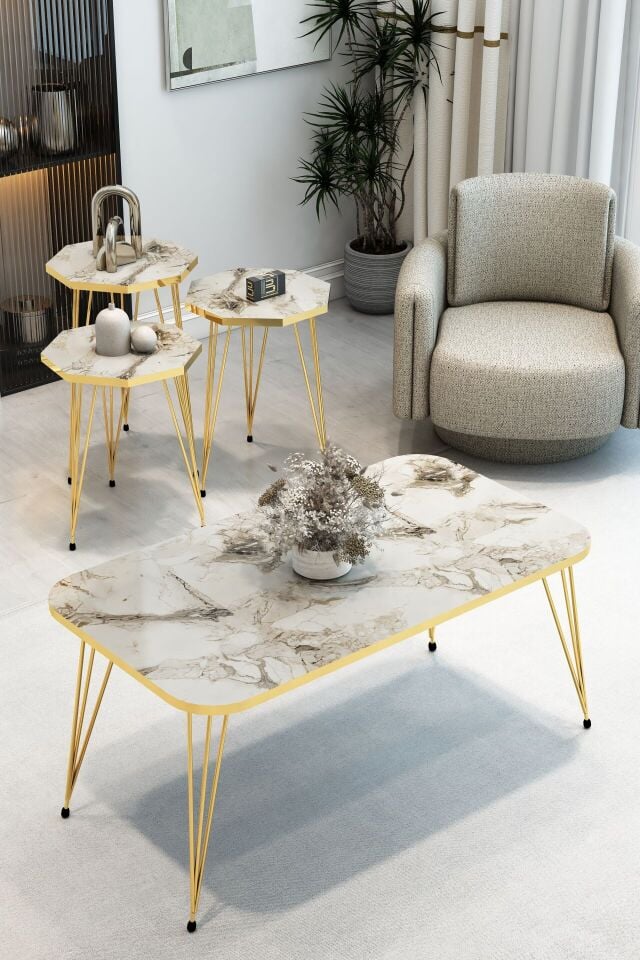 3'Lü Sekizgen Zigon Sehpa ve Dikdörtgen Orta Sehpa Takımı Modern Gold Metal Ayaklı Salon Sehpa Seti Beyaz Mermer
