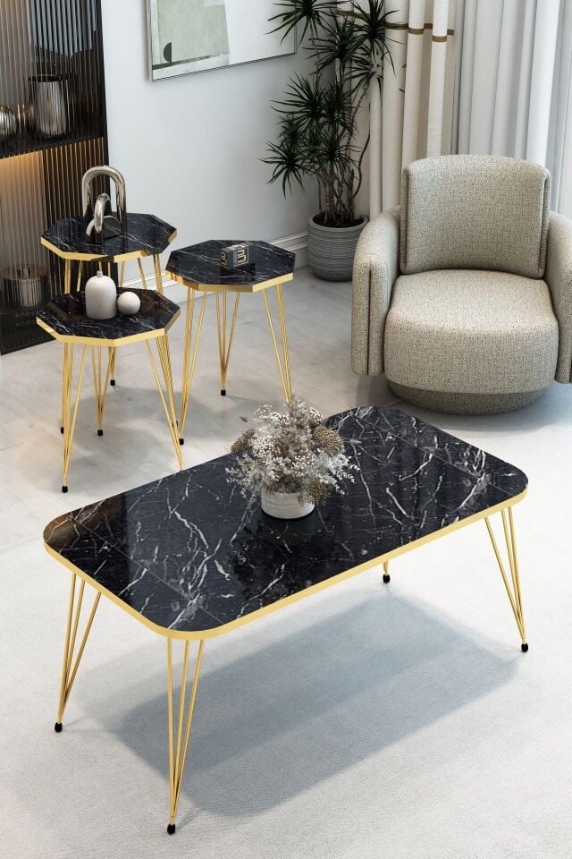 3'Lü Sekizgen Zigon Sehpa ve Dikdörtgen Orta Sehpa Takımı Modern Gold Metal Ayaklı Salon Sehpa Seti Siyah Mermer