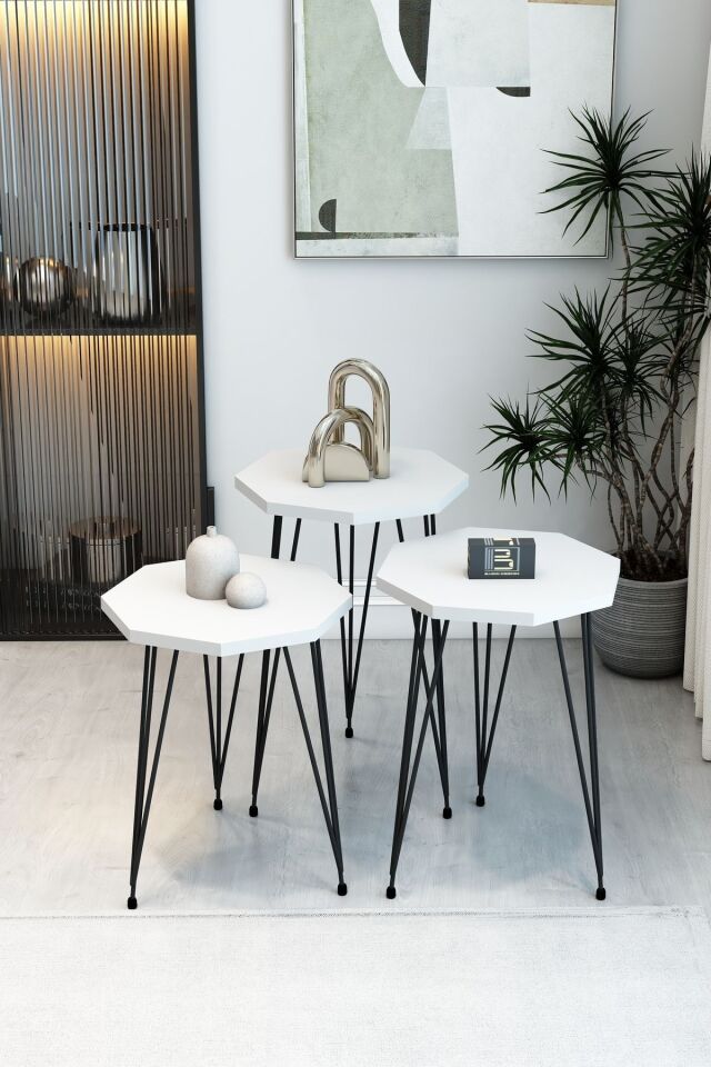 3'Lü Sekizgen Zigon Sehpa ve Dikdörtgen Orta Sehpa Takımı Modern Siyah Metal Ayaklı Salon Sehpa Seti Beyaz